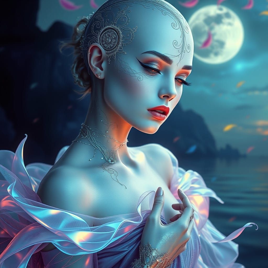 Ethereal Goddess in Iridescent Gown, Amidst Futuristic Dream...