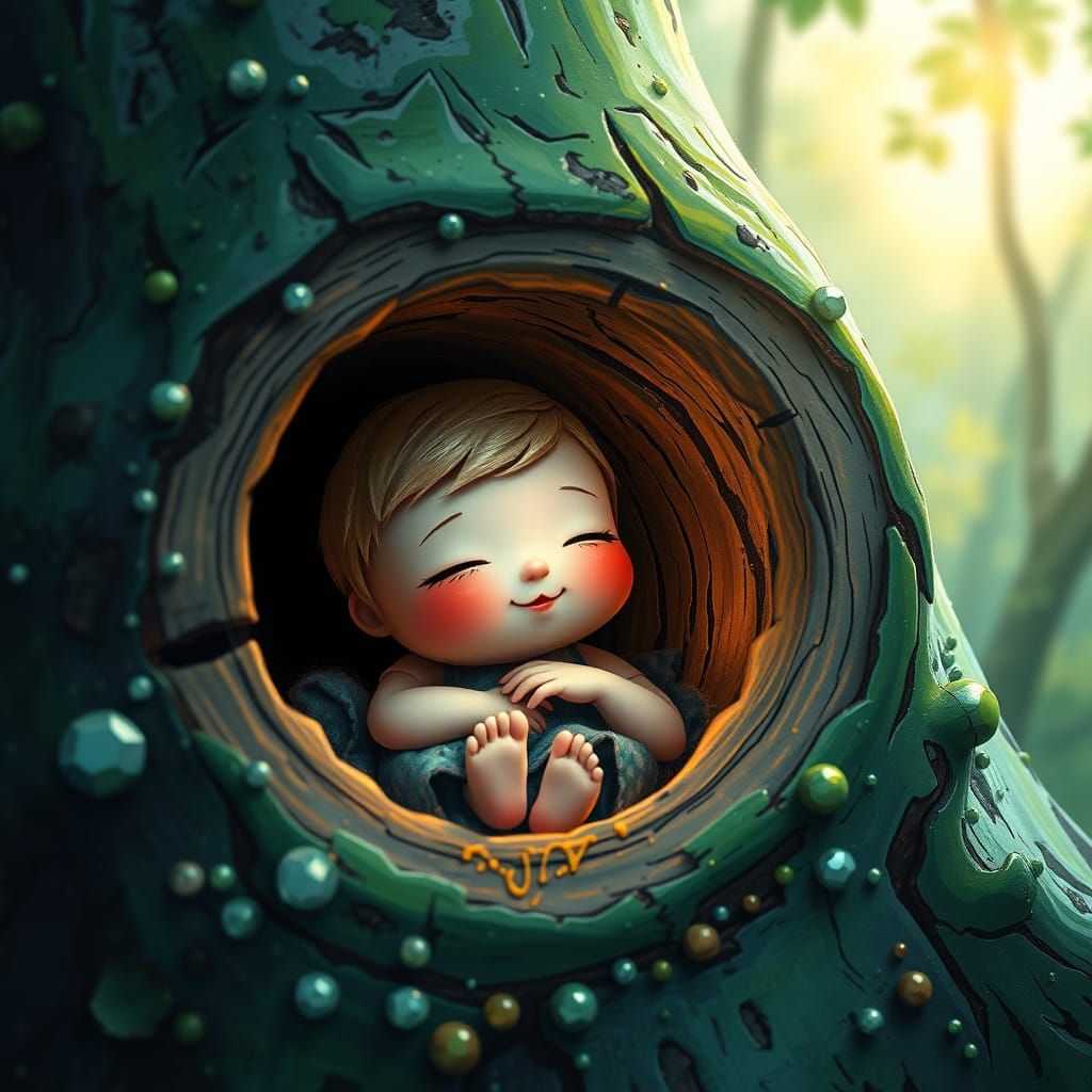 Dreamy Forest Sprite Slumbers in Walnut Shell Crib