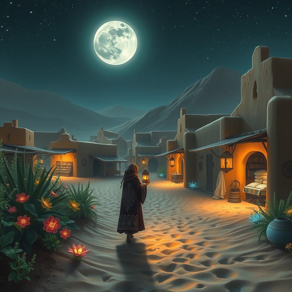 Dreamlike Desert Oasis Under Starry Night Sky