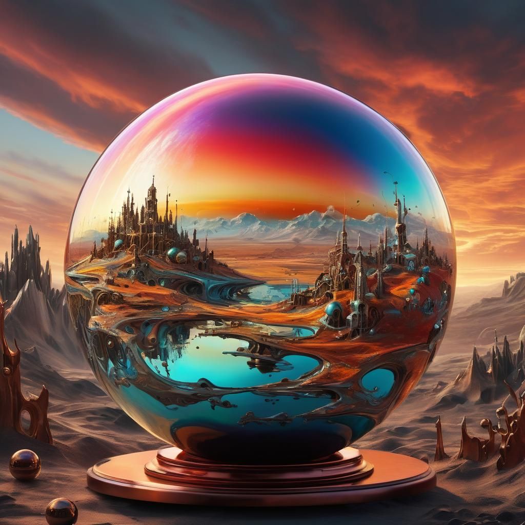 Surreal Iridescent Orb in a Futuristic Landscape