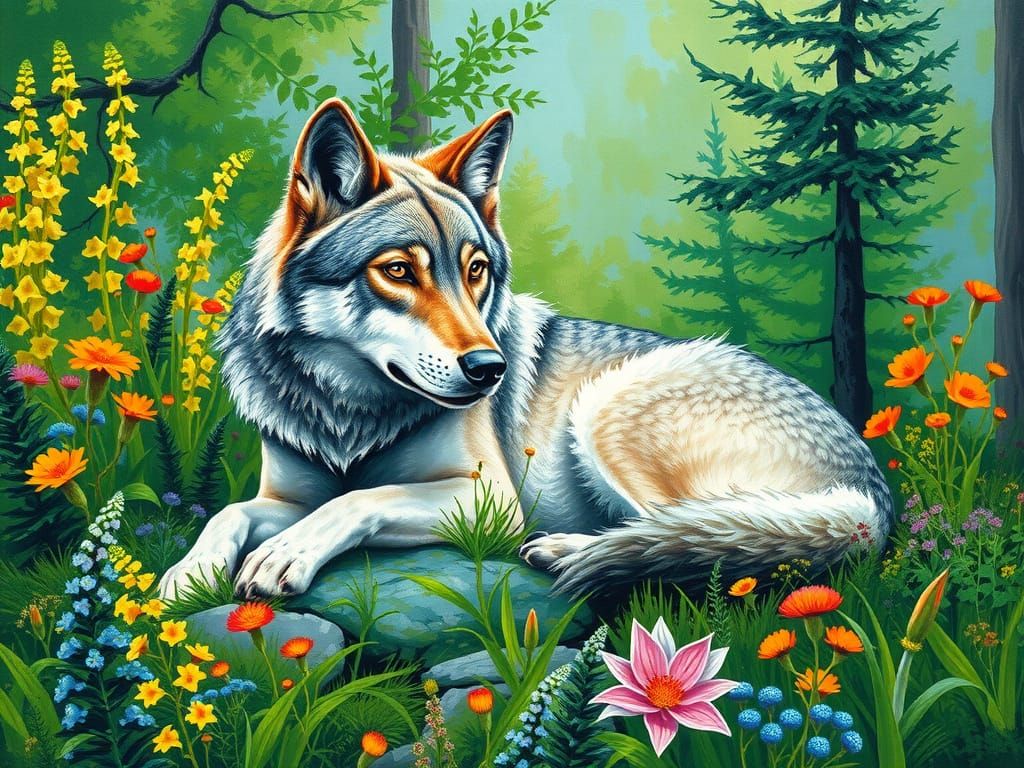 Resting Gray Wolf in Vibrant Taiga: Impasto Style
