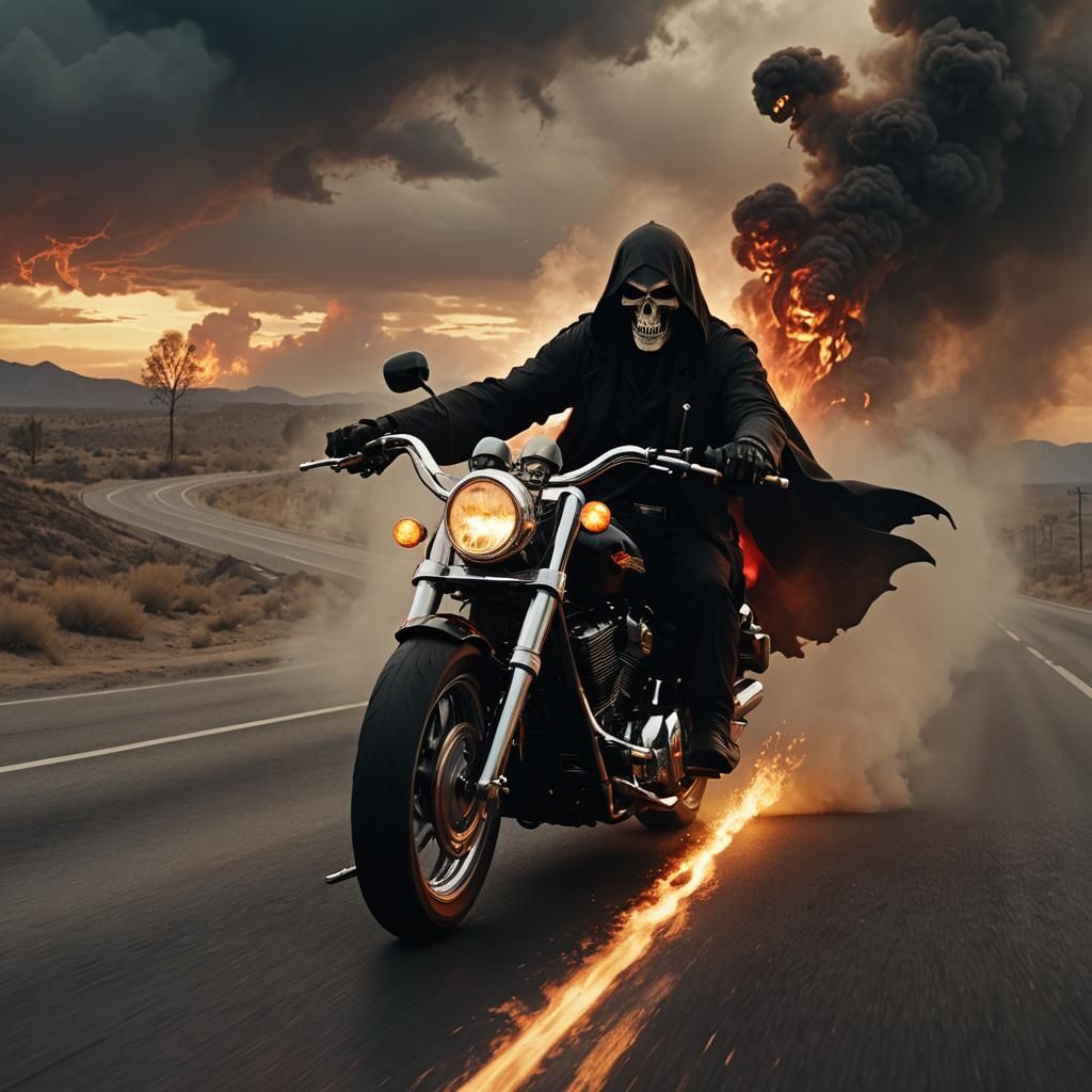 Grim Reaper Rides Harley on Highway to Hell