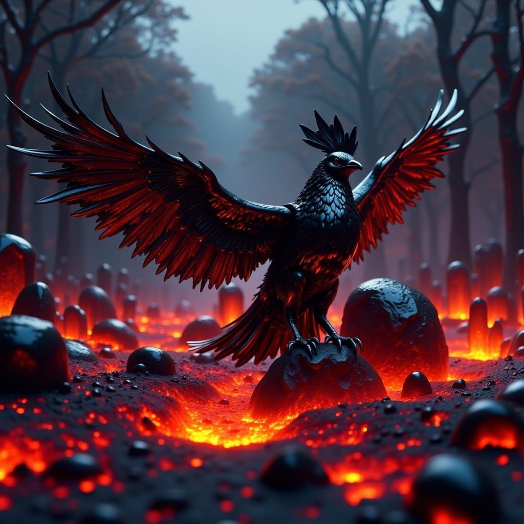 Black Phoenix Bird in Lava Graveyard, Detailed Matte Paintin...