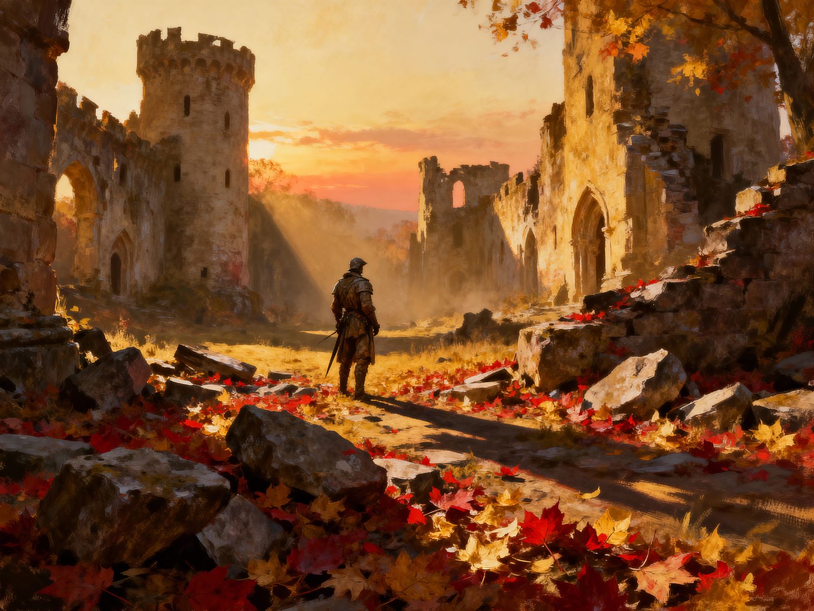 Soldier in Autumn Castle Ruins at Sunset