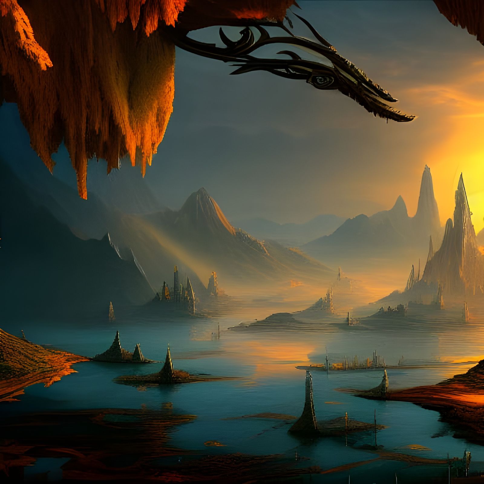 Fantastical Golden River Landscape in Detailed Matte Paintin...