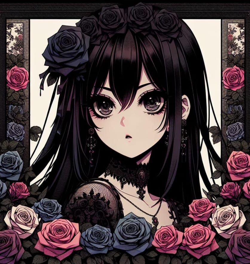 Cute anime girl, beautiful roses