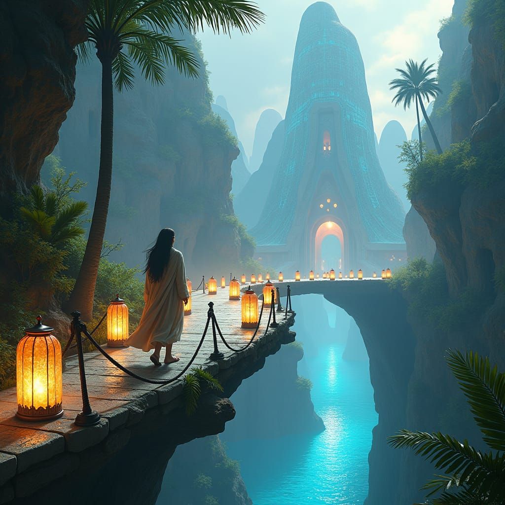 Lemurian Cityscape with Flowing Robes and Crystalline Struct...