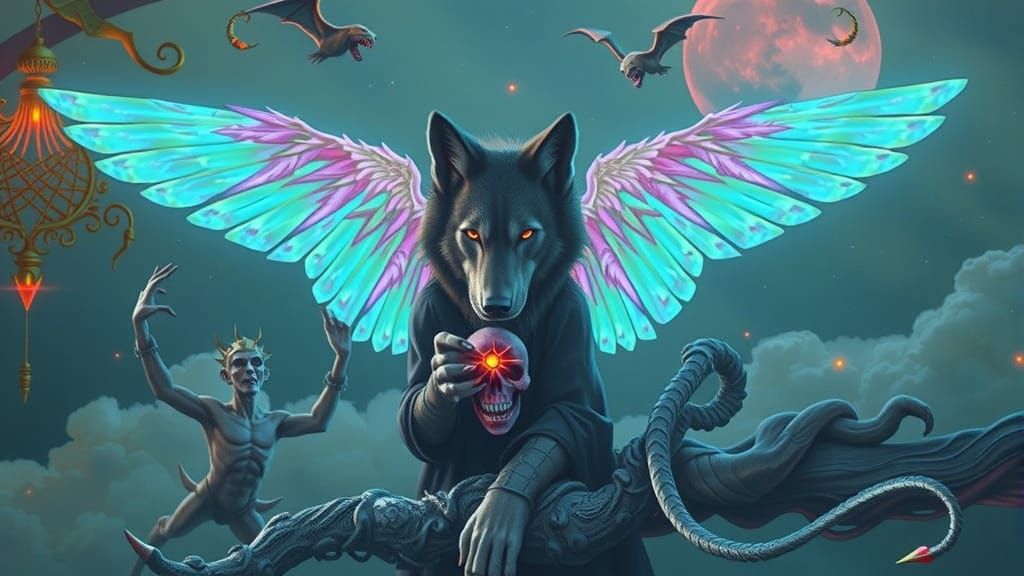 A majestic angelic werewolf with black wings that radiate wi...