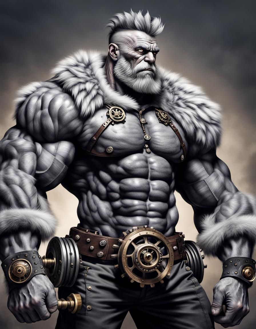 Grey monster massive muscular muscle Man with lots of fur