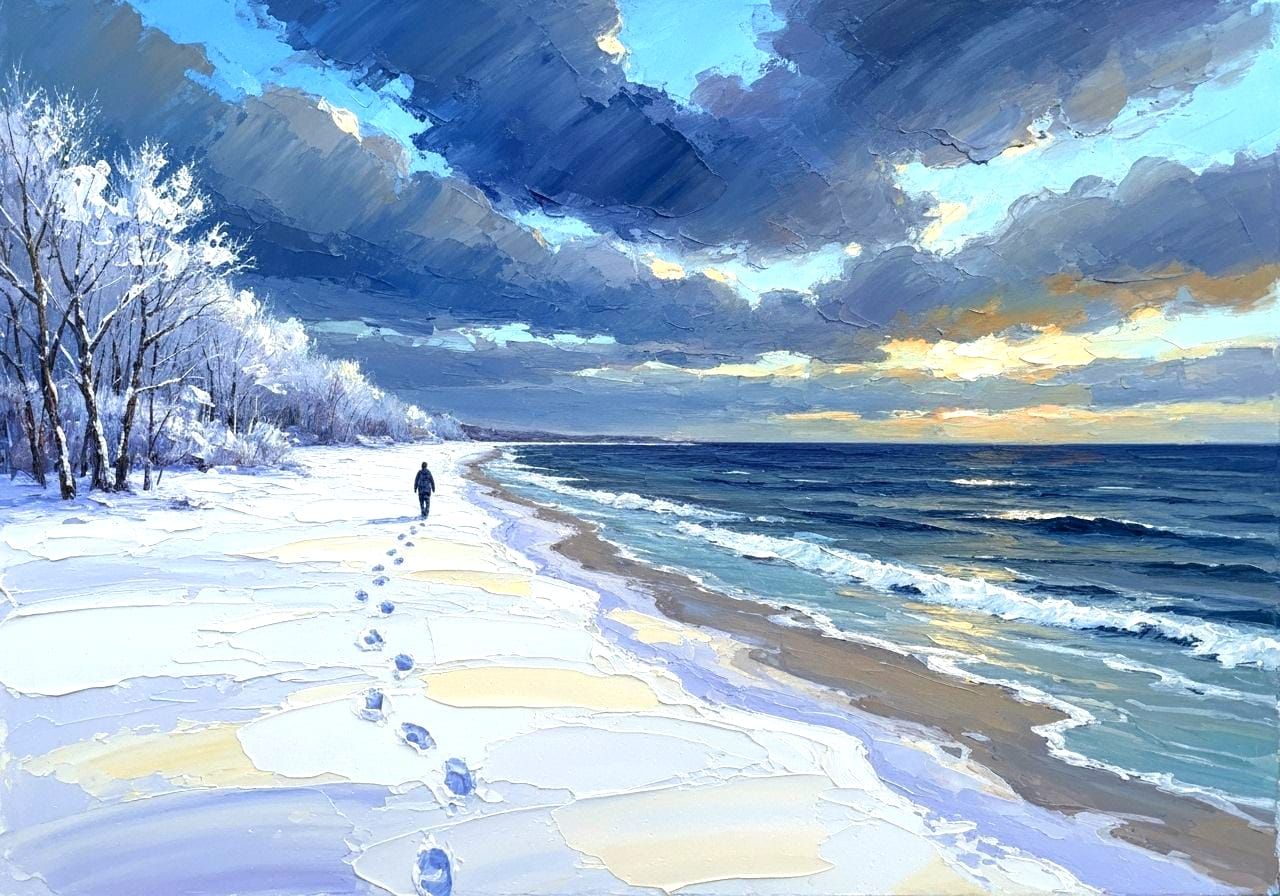 A snowy coastal landscape painted in thick, expressive impas...