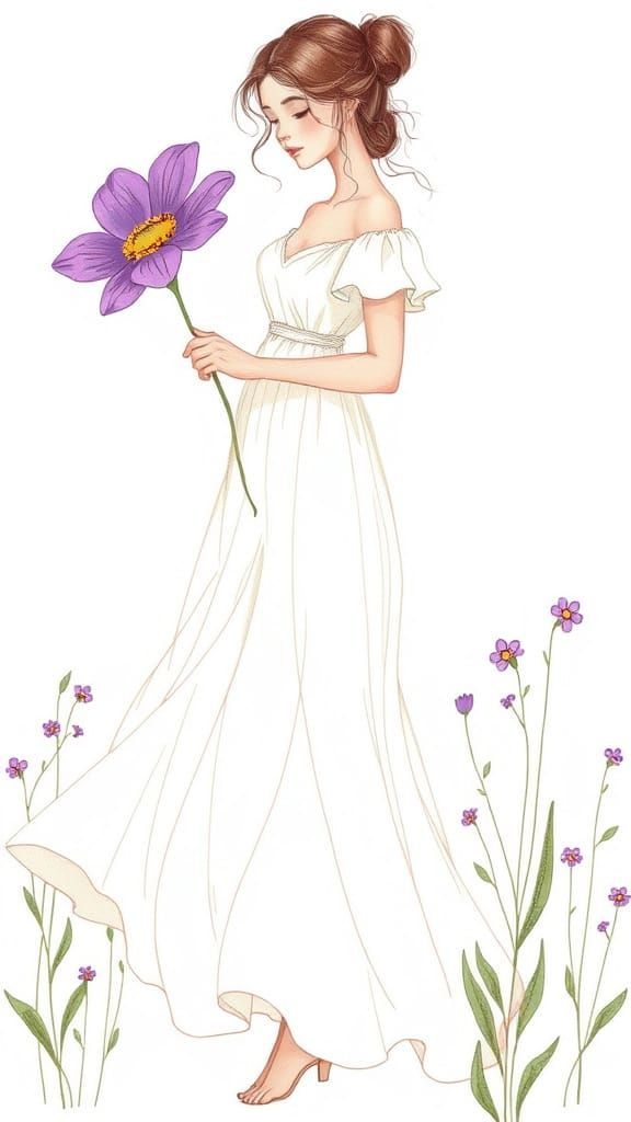 Woman with Purple Flower in Whimsical Illustration