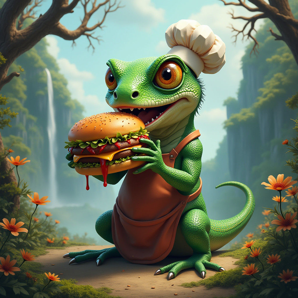 Lizard Chef Enjoys Hamburger in Dreamy Landscape