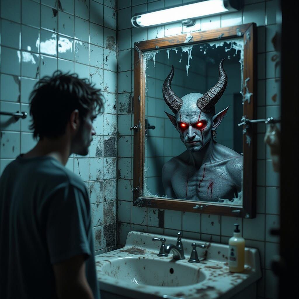Demonic Reflection in Dimly Lit Bathroom