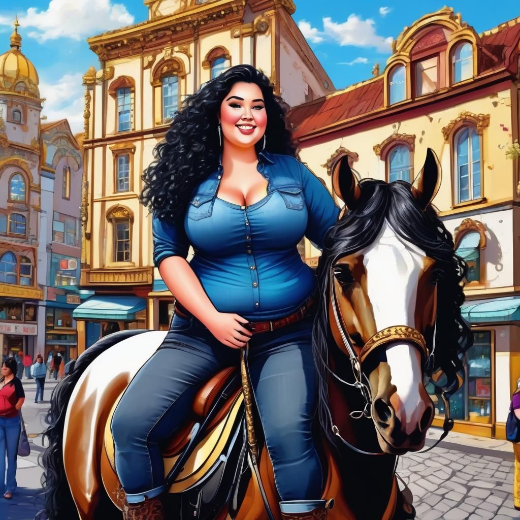 Woman on Horseback in Elaborate Town Scene