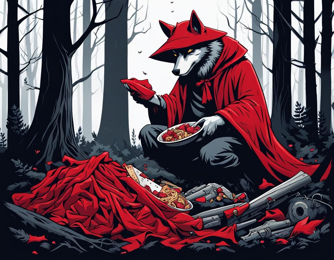 Eerie Big Bad Wolf Feast in Dark Forest