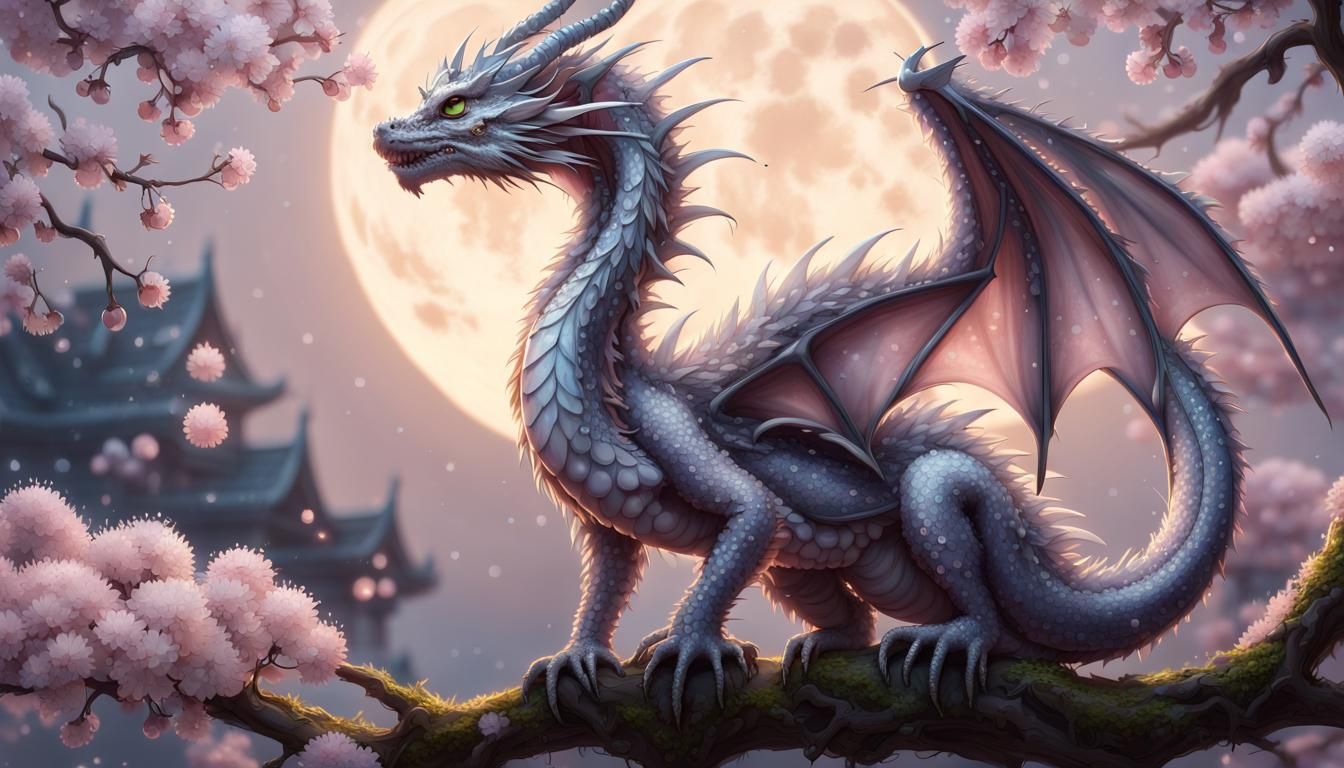 Cute Fluffy Dragon with Cherry Blossoms, Ethereal Light