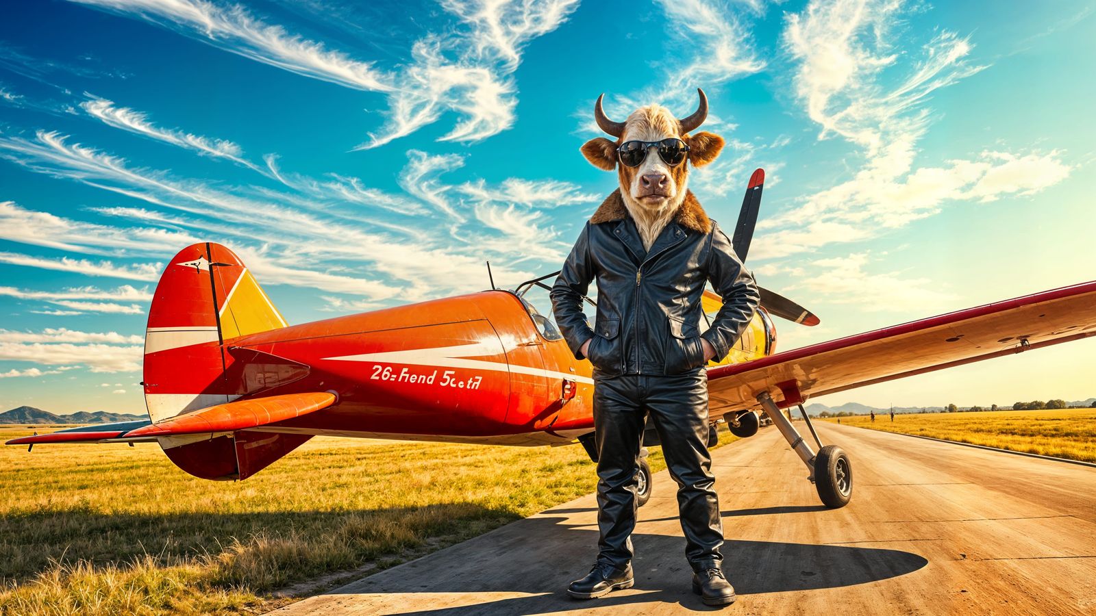 Cow Aviator Beside Vintage Biplane on Runway