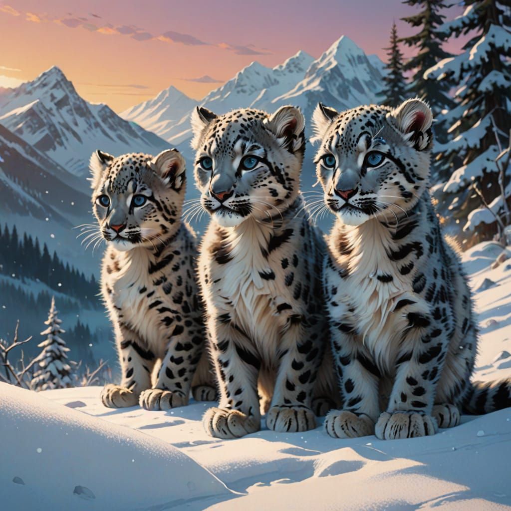 Adorable Snow Leopard Kittens in a Winter Wonderland Scene