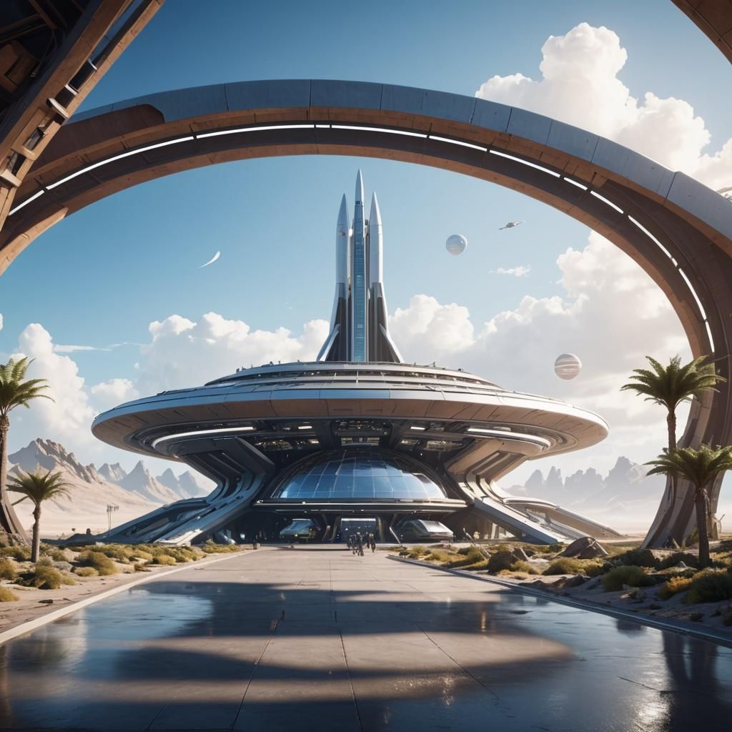 Eco-Futuristic Spaceport in Ancient Style, Hyperrealistic
