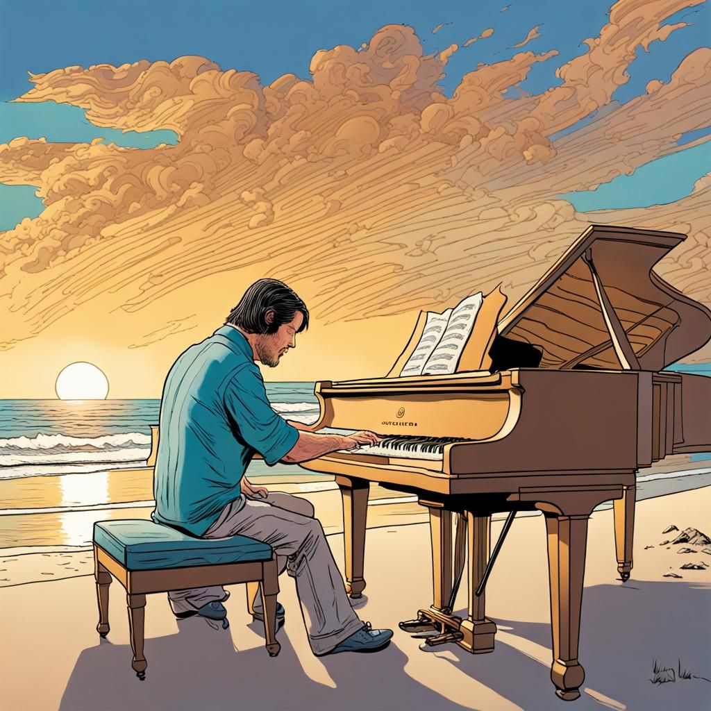 Pianist on Beach in Comic Book Style Art