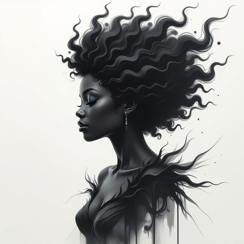 Abstract Afro Fairy Silhouette in Dynamic Charcoal Sketch St...