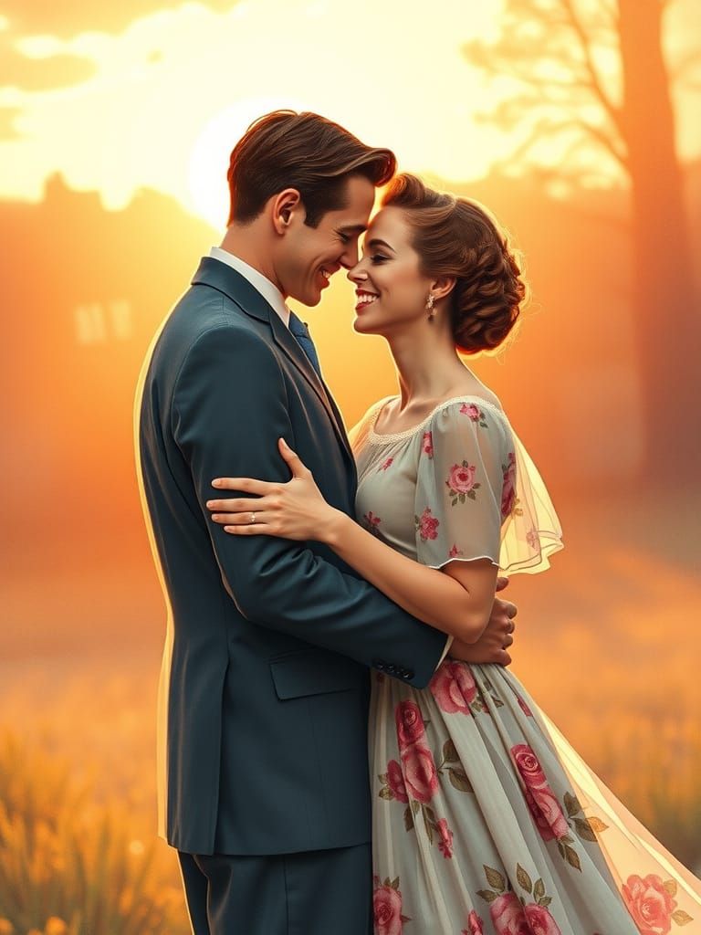 Vintage Couple Embracing in Warm Pastel Hues