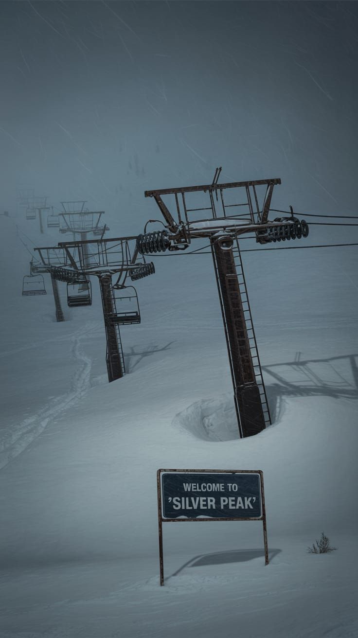 Dystopian Blizzard at Dusk: Broken Ski Lifts in Wasteland