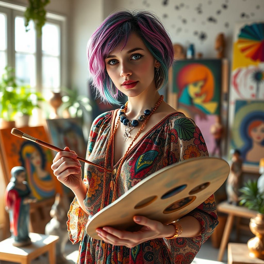 Bohemian Artist in Studio: Detailed 8K Portrait
