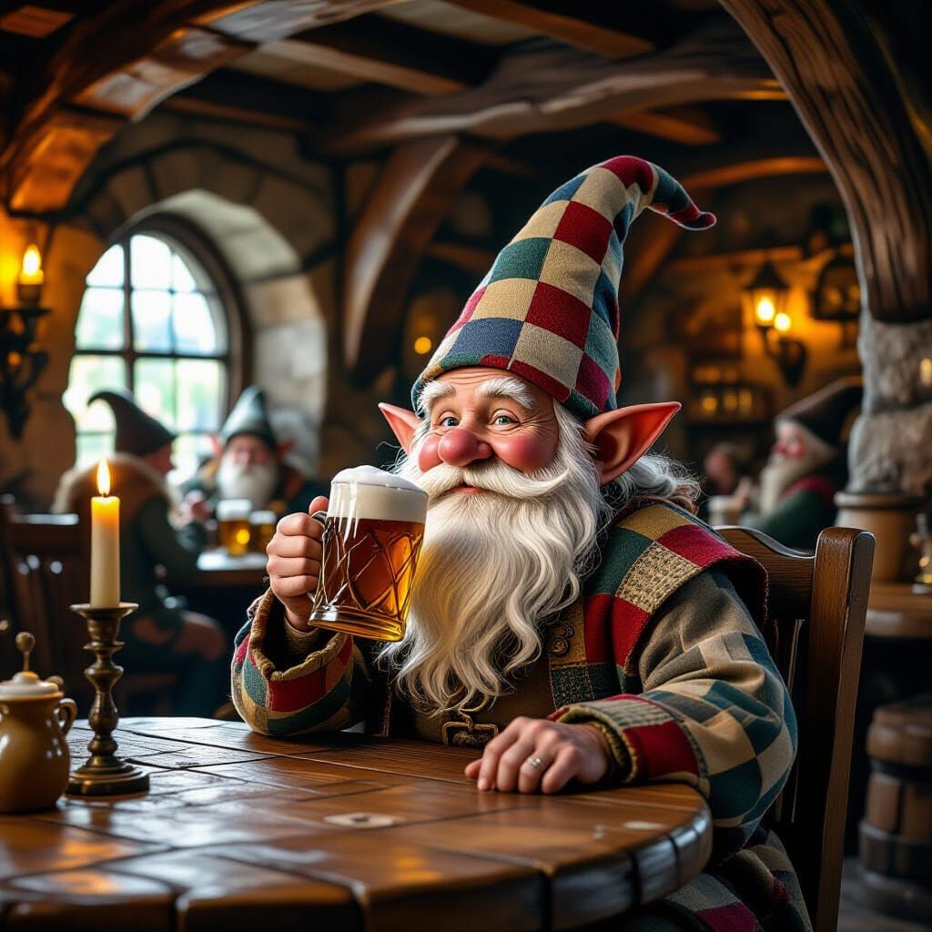 Gnome Sipping Ale in Cozy Subterranean Tavern