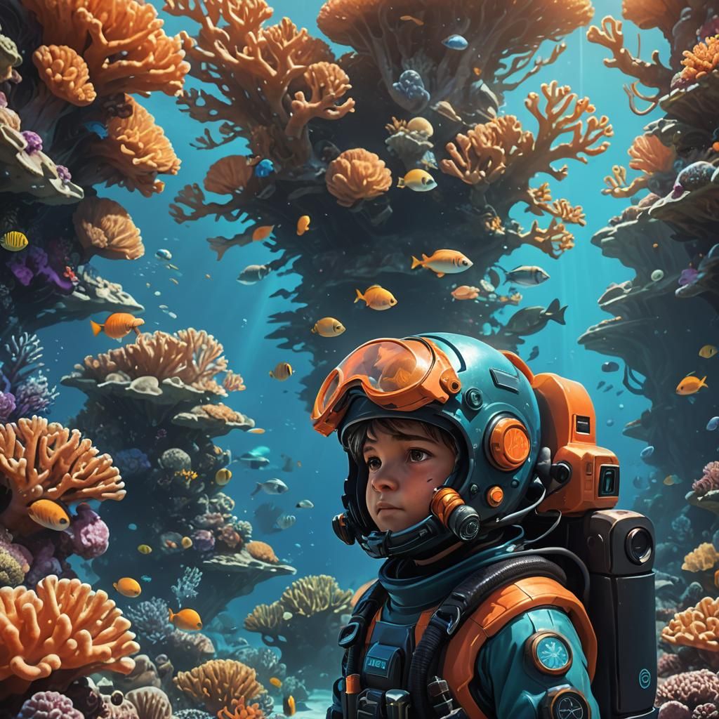 Boy Scuba Diver Game Character in Deep Ocean
