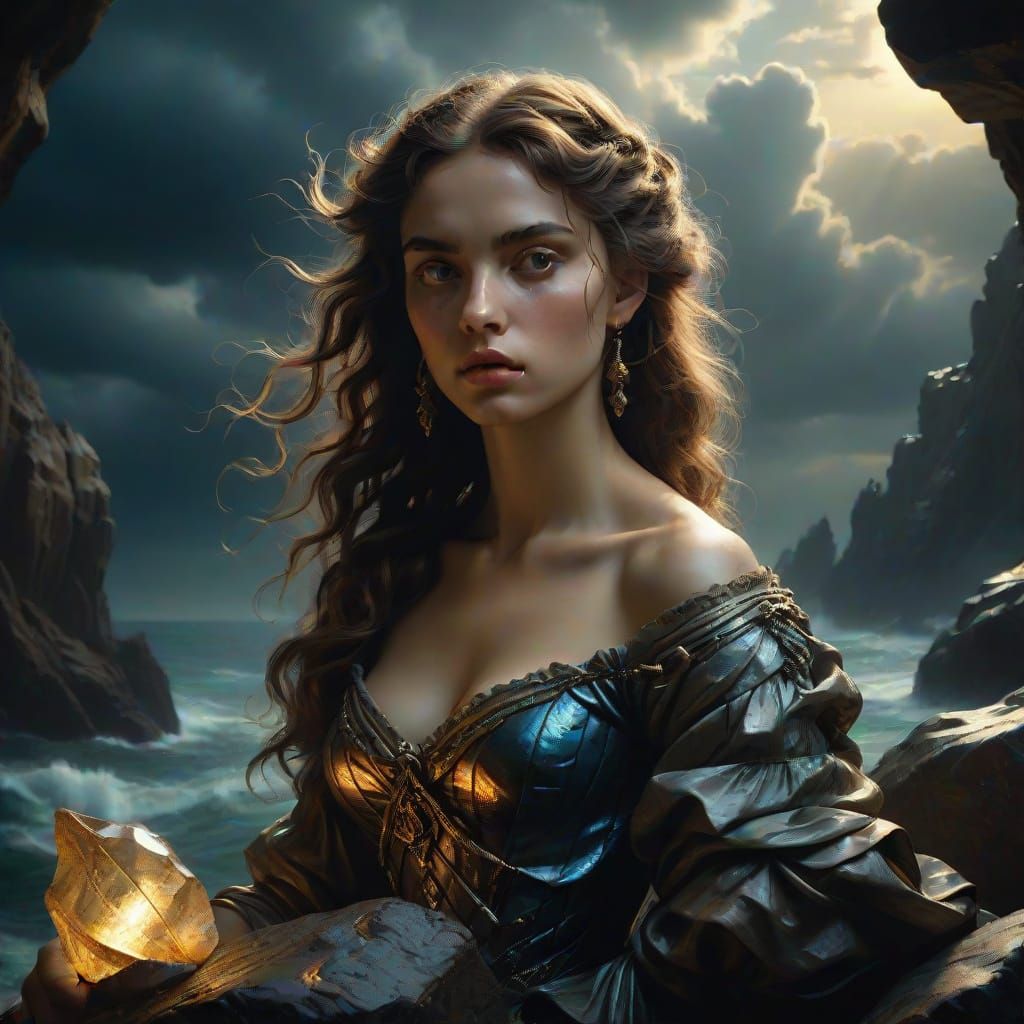 Siren Amidst Stormy Skies, Jagged Rocks and Shipwrecks