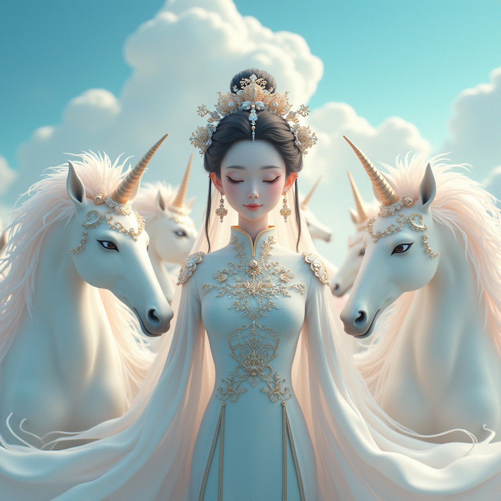 Chinese Woman and Unicorns in Anime Style