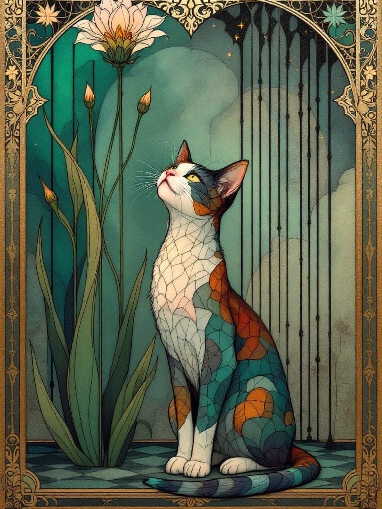 Art Nouveau Cat Amidst Reeds with Jewel Tones