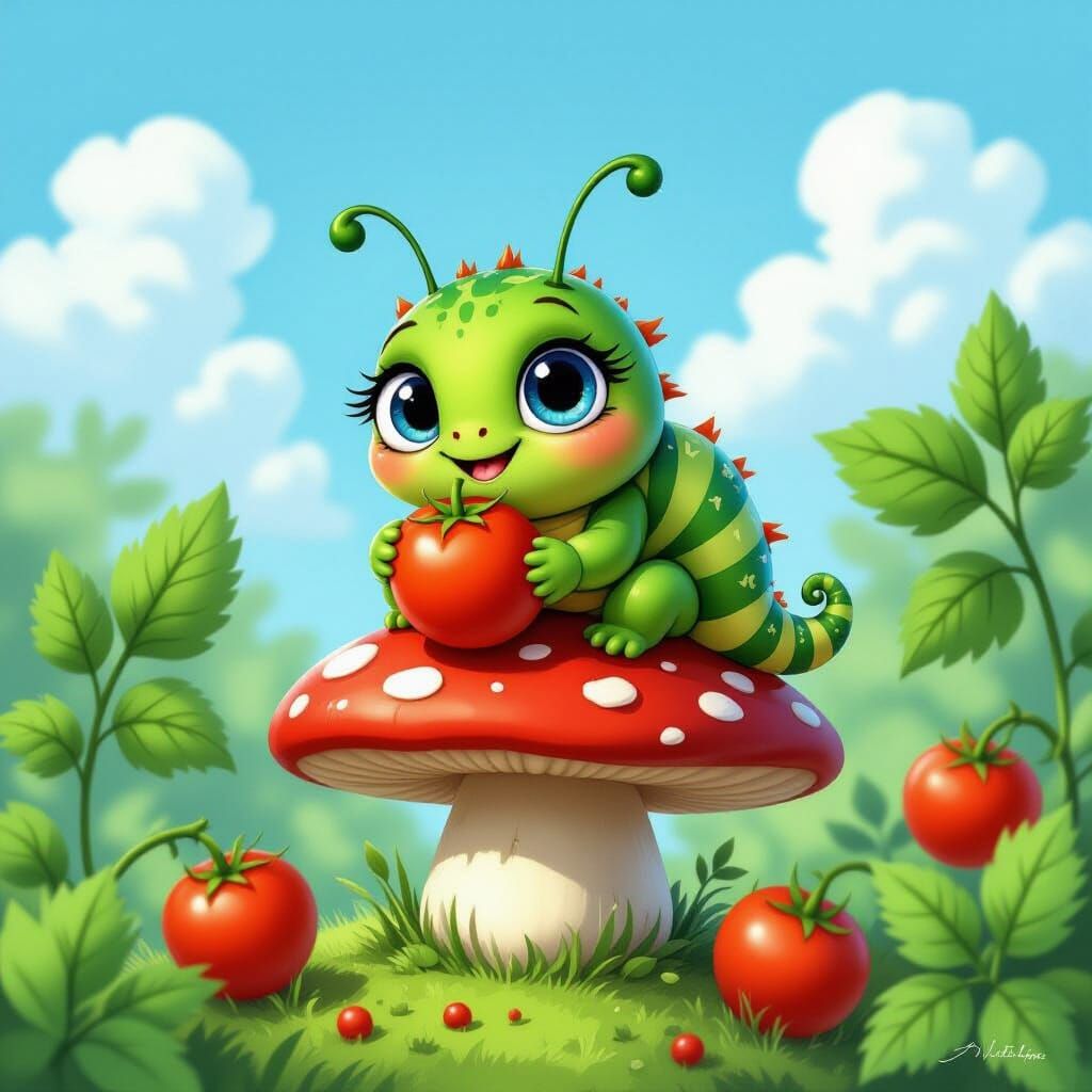 Cute Caterpillar on Mushroom in Fairy Tale Style
