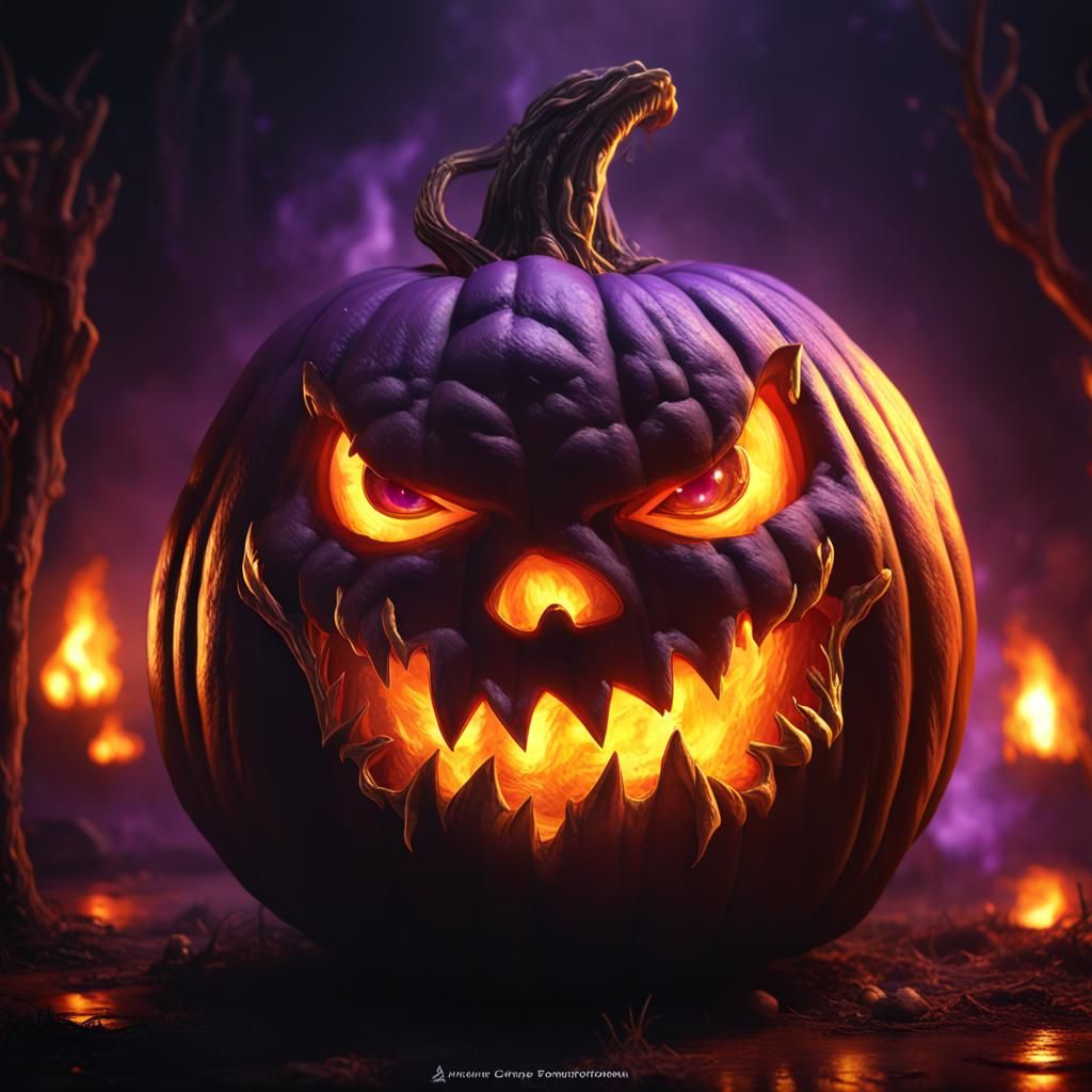 Fiery Halloween Pumpkin Head: Dark Fantasy Concept Art