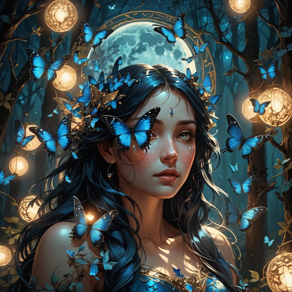 Glowing Blue Butterflies Around Full Moon, Digital Art