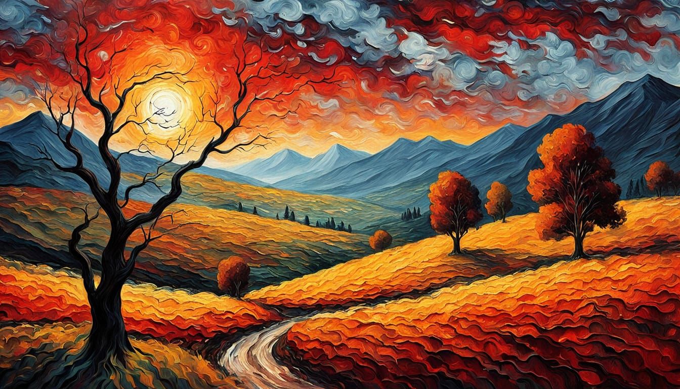 Impasto Landscape Painting of Fiery Sky and Gnarled Tree