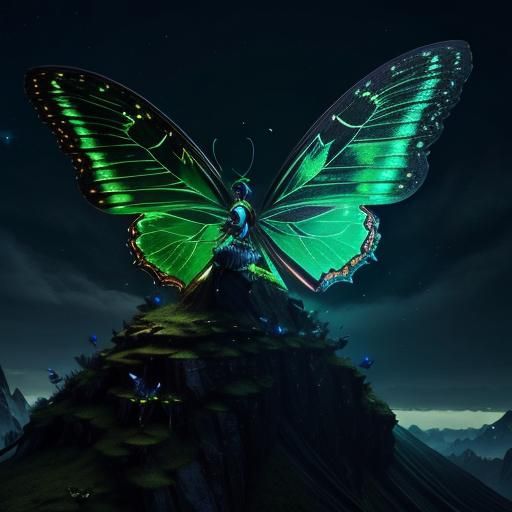 Emerald Butterfly with Sparkling Wings at Night