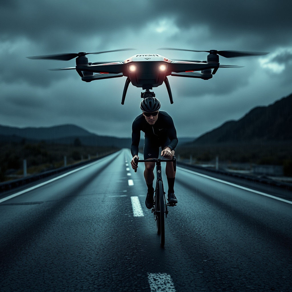 Dystopian Drone Pursuit of Cyclist on Dark Road