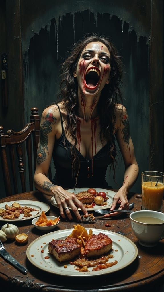 Haunted Woman's Psychological Horror at Dimly Lit Table