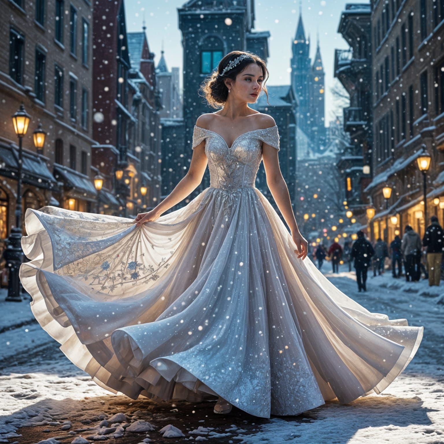 Snow White in Iridescent Gown Whirls in Artistic Snowfall Sc...