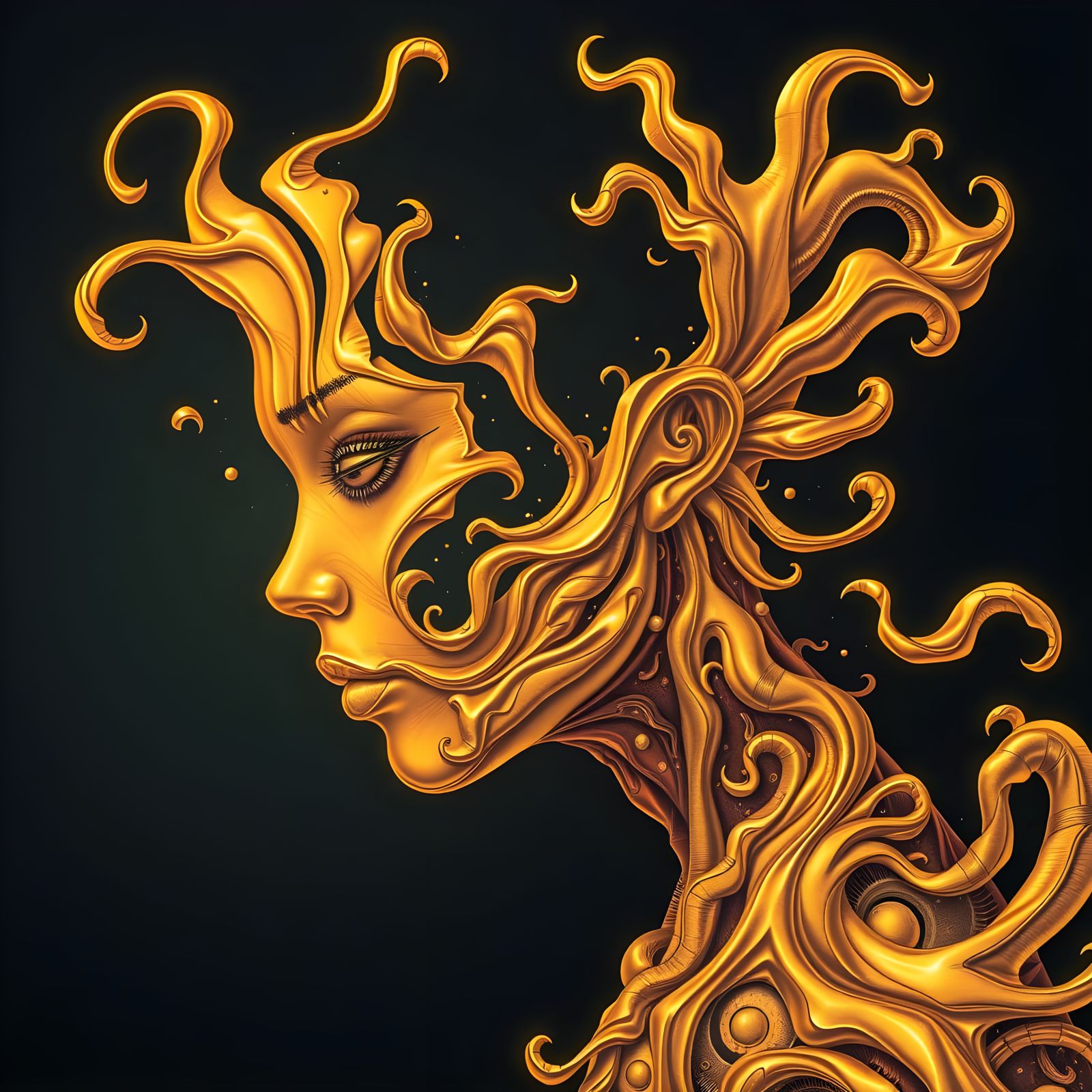 Elemental Woman Made of Flowing Golden Liquid