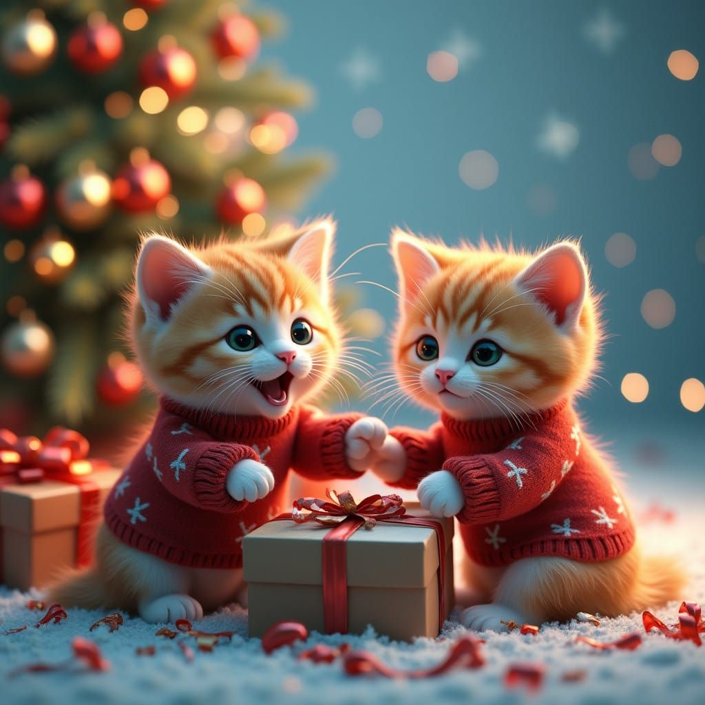 Whimsical Christmas Kittens Unwrap Gifts in Festive Wonderla...