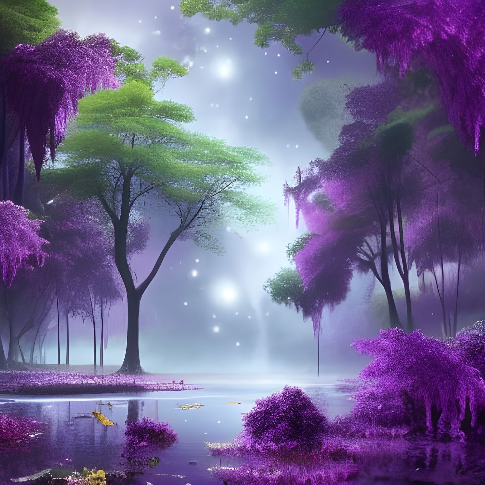 Purple Water Droplets on Leaves: Digital Matte Painting