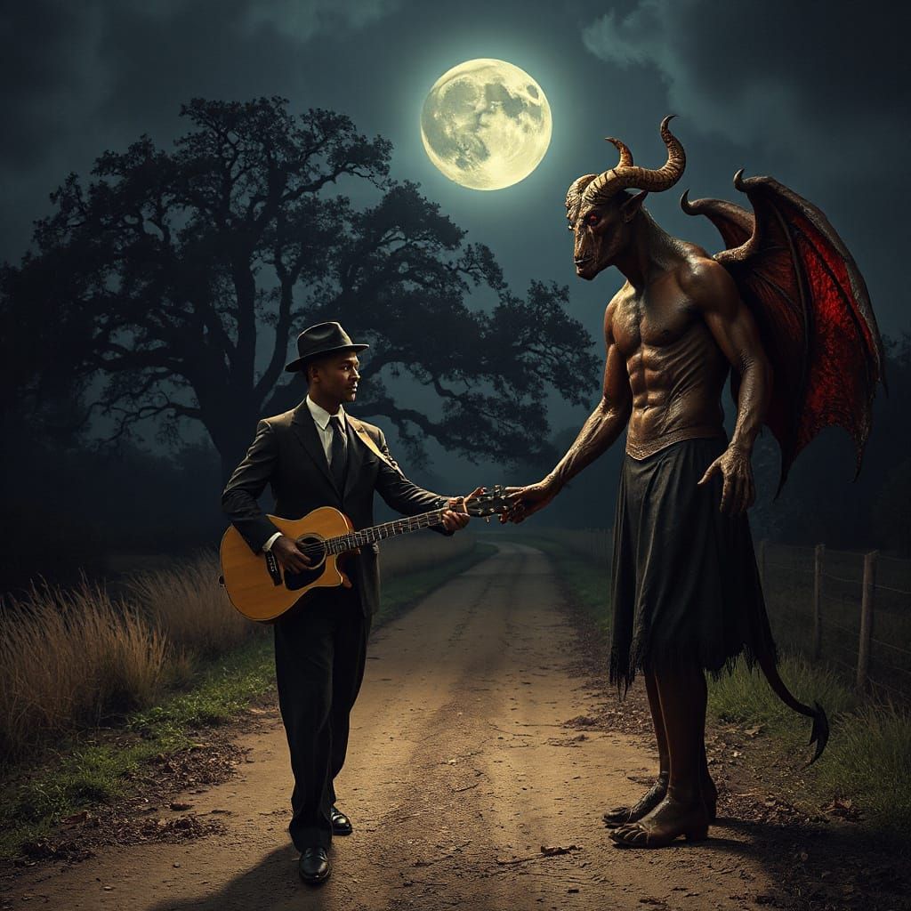 Bluesman's Pact with the Devil at Moonlit Crossroads