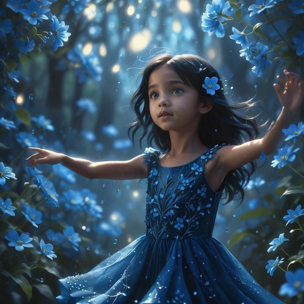 Girl Dances Among Glowing Flowers in Dark Forest
