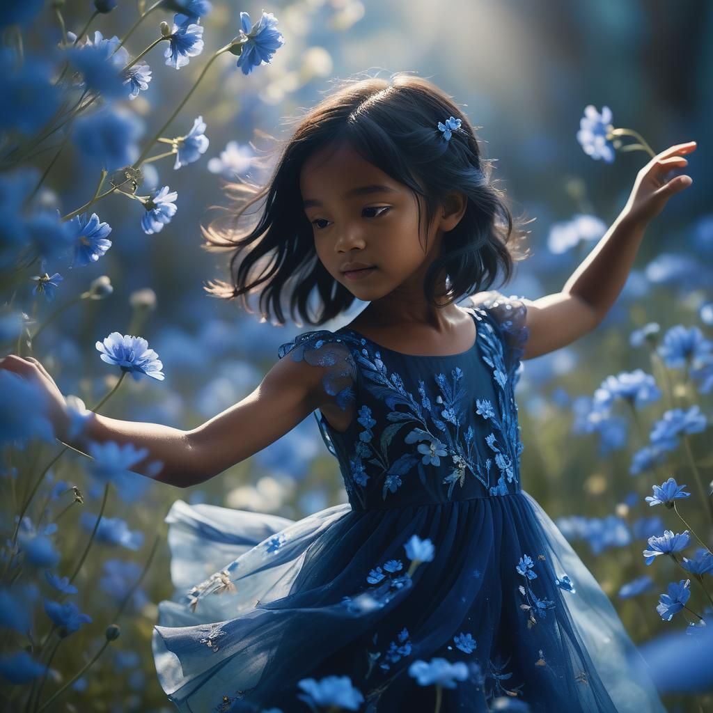 Ethereal Girl Dancing Among Glowing Blue Flowers