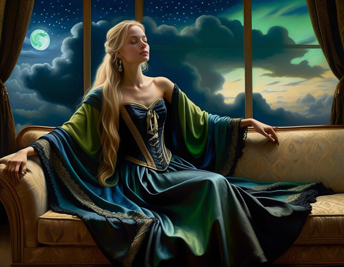 Ethereal Woman Lounging: Chiaroscuro Oil Painting
