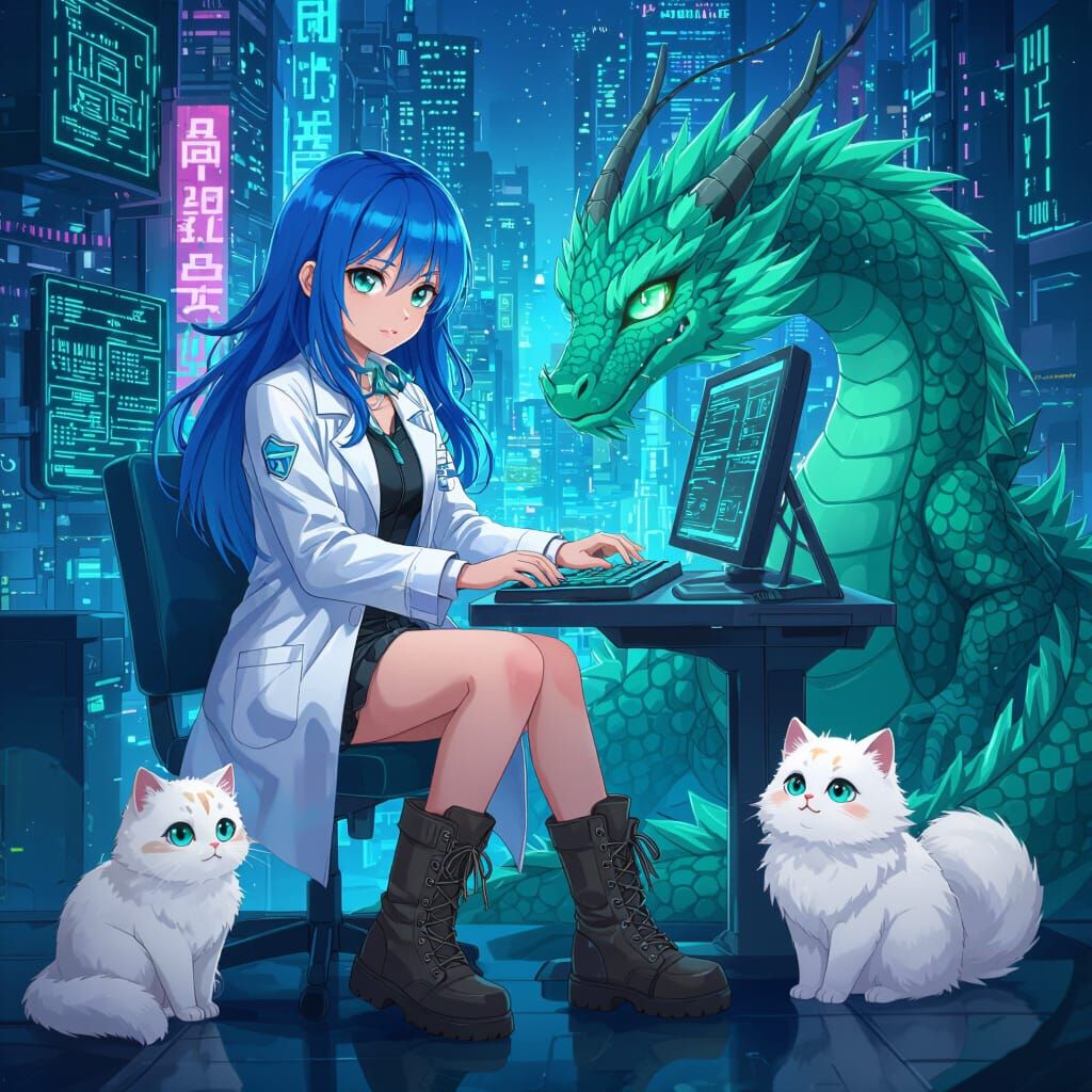 Anime Girl with Dragon and Cat in Hi-Tech City