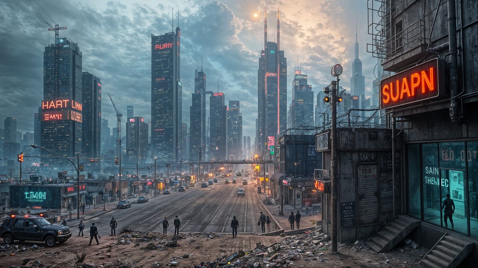 Dystopian Cyberpunk Megacity in Desert Landscape